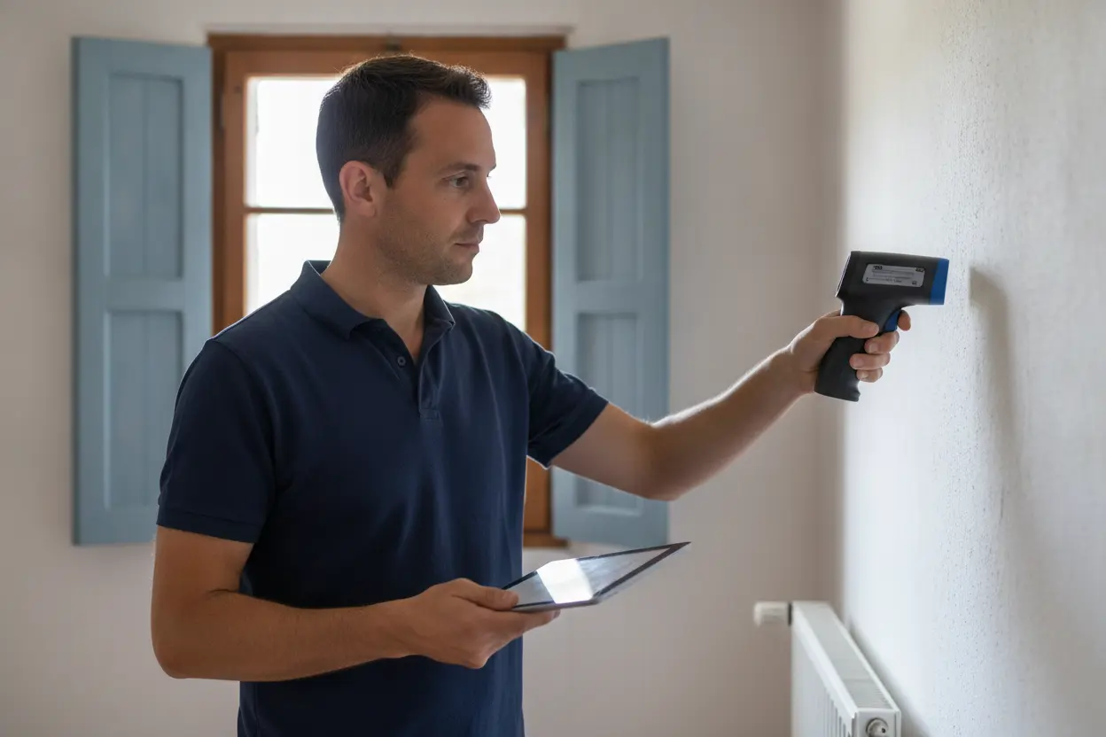Technicien réalisant un bilan thermique dans une maison ancienne à Bédoin avant installation clim