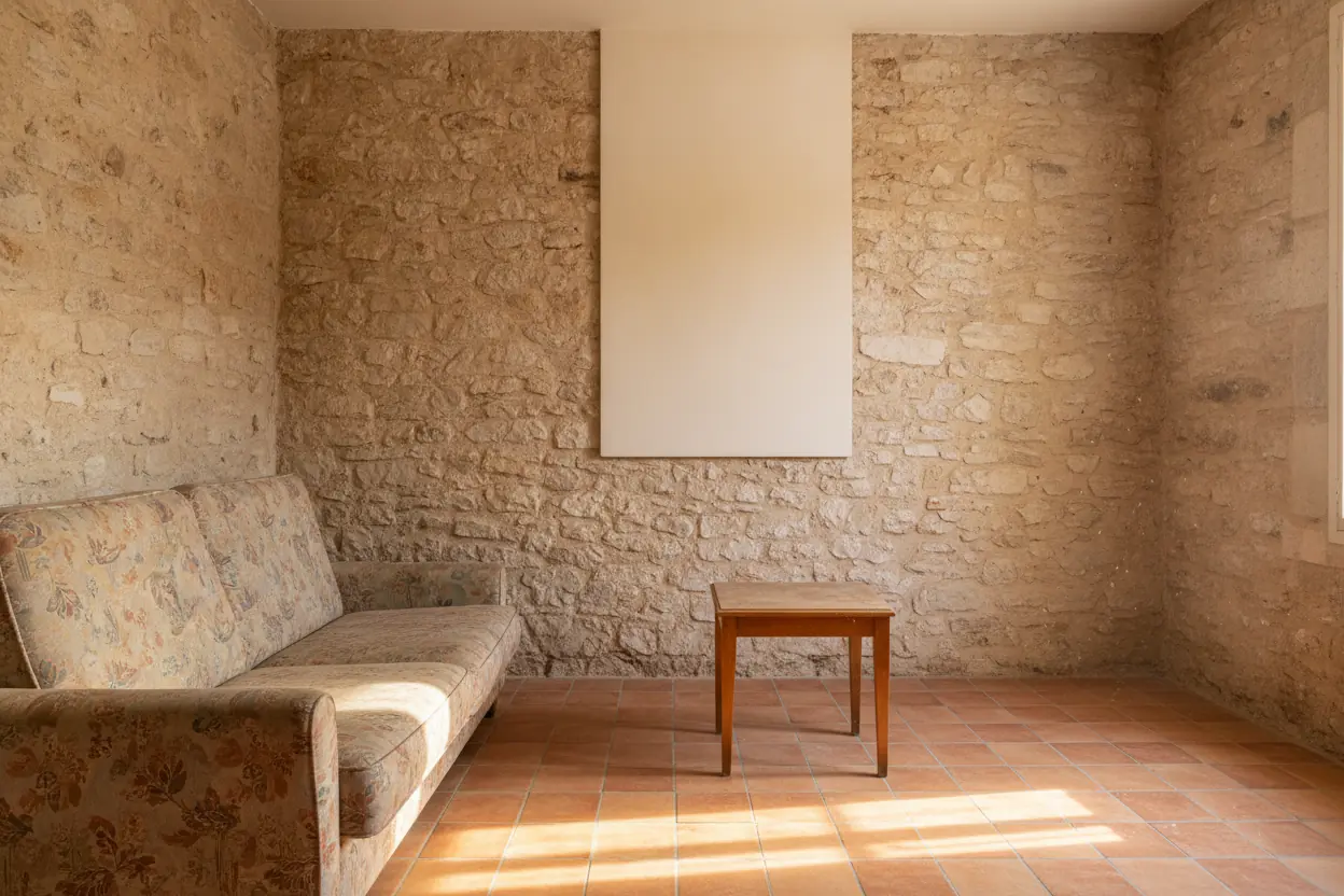 Mur en pierre brute d'une maison ancienne de Carpentras avant installation de la climatisation