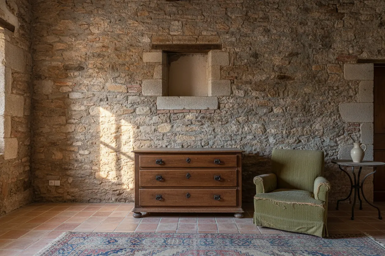Mur en pierre brute sans climatisation dans une maison de village à Aubignan avant travaux