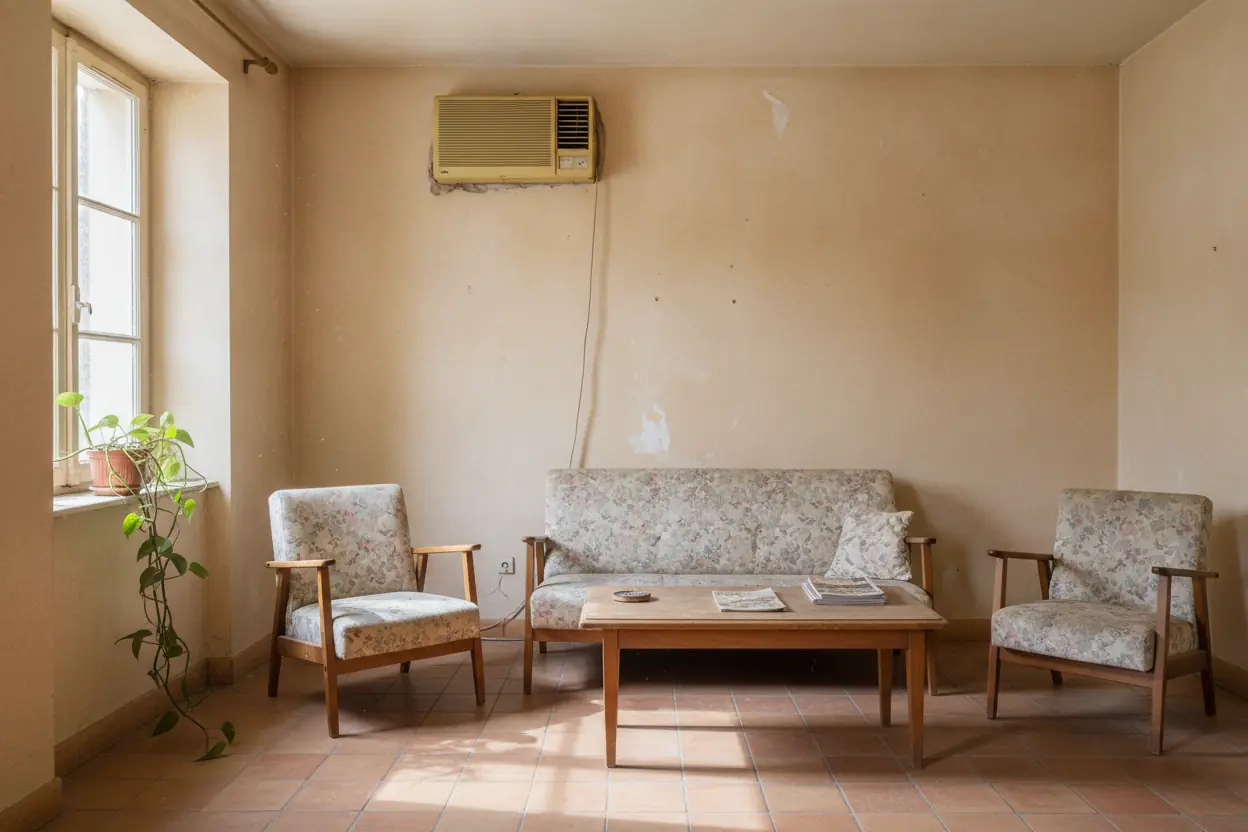 Ancienne unité intérieure de climatisation vétuste dans une maison de village à Monteux