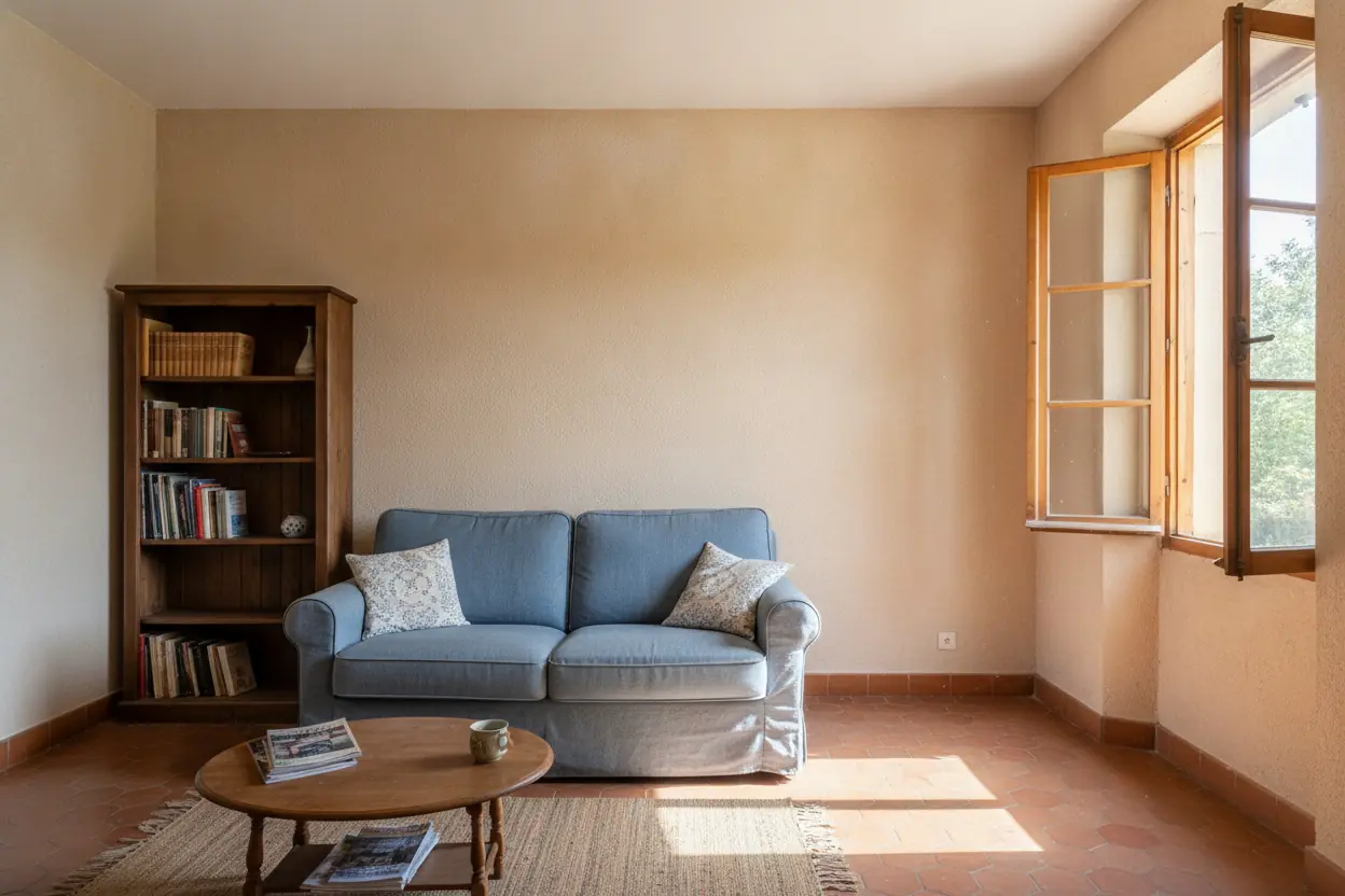 Mur intérieur d'une maison de village à Sarrians avant pose du split, sans climatisation